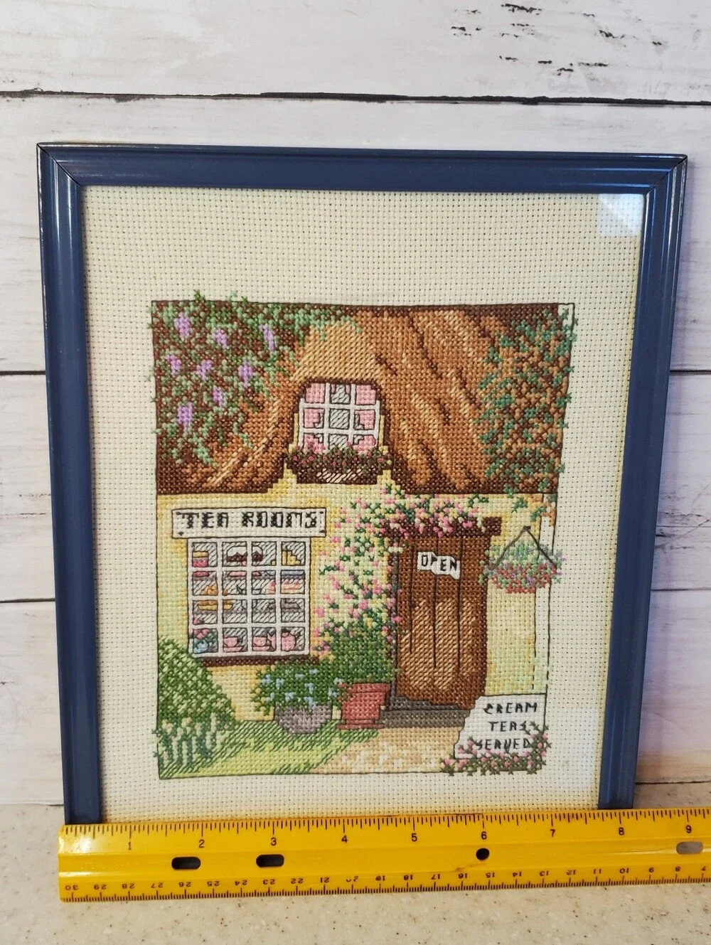 Vintage Handmade Cross Stitch Tea Rooms Cottage Needlepoint Framed Cottagecore G
